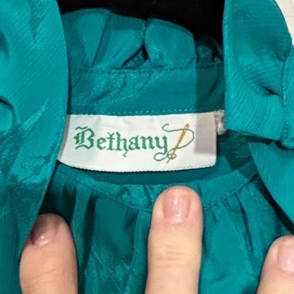 Bethany Classics Blouse Womens XL Teal Ruffle Neck Jacquard Long Sleeve - Picture 9 of 9